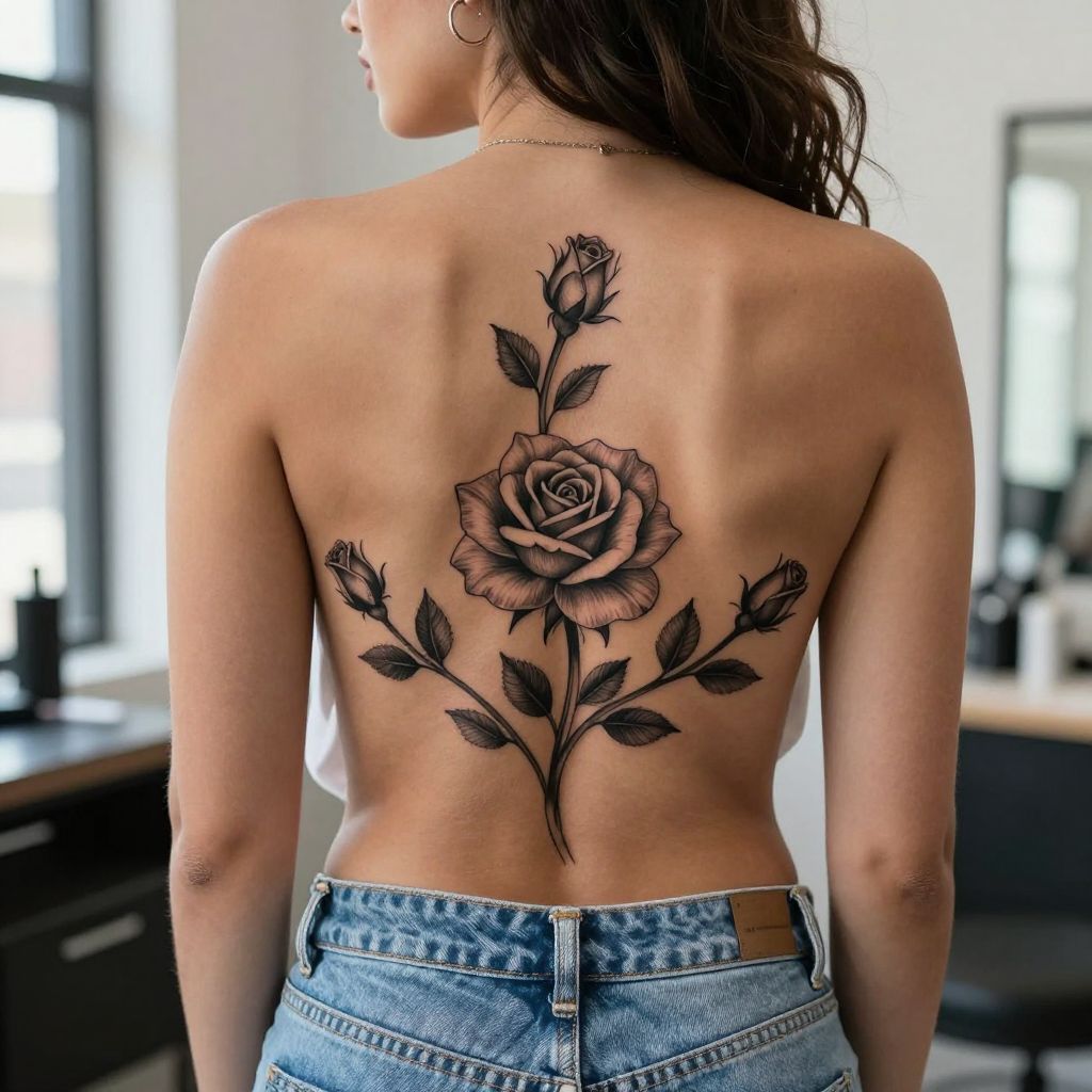 Curved rose vine tramp stamp tattoo idea
