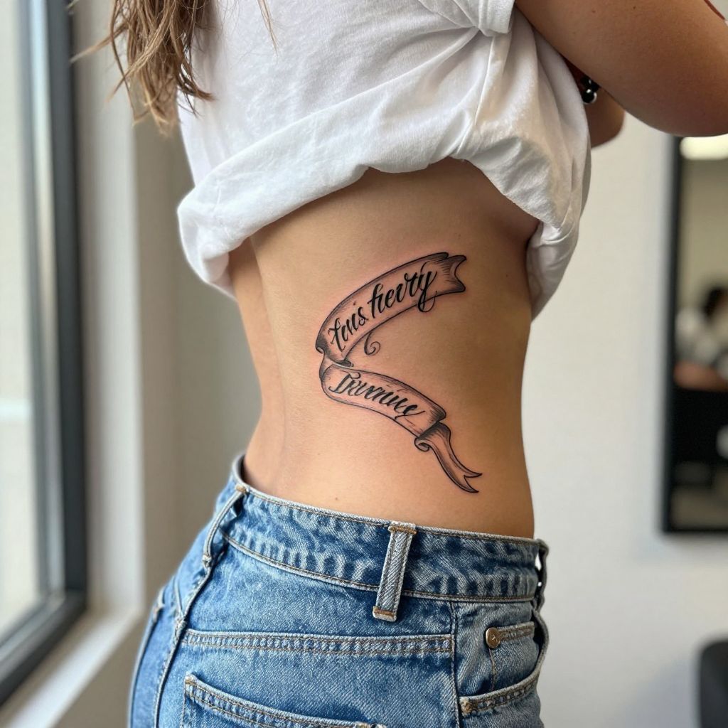Script banner with a personal phrase tramp stamp tattoo idea