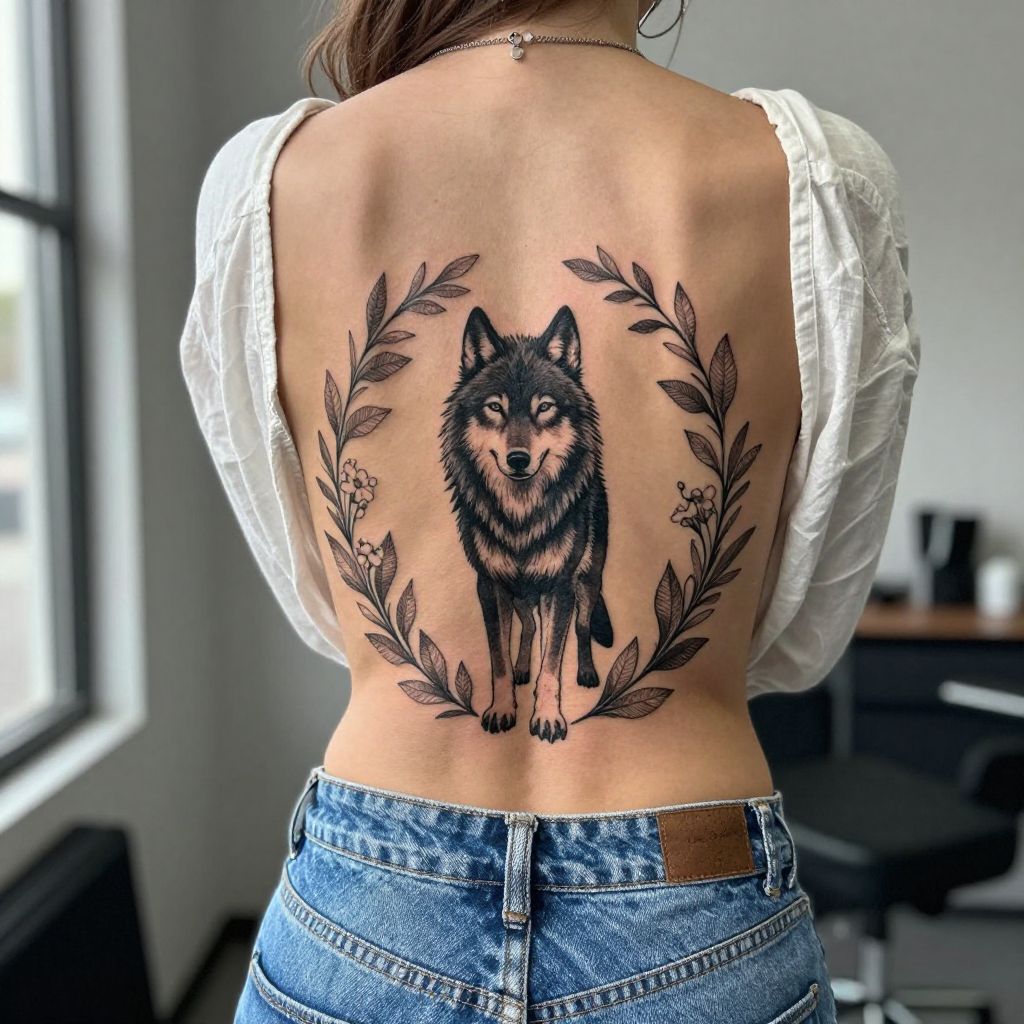 Wolf silhouette with floral frame tramp stamp tattoo idea