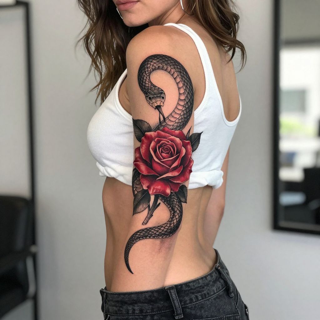 Snake and rose curve tramp stamp tattoo idea
