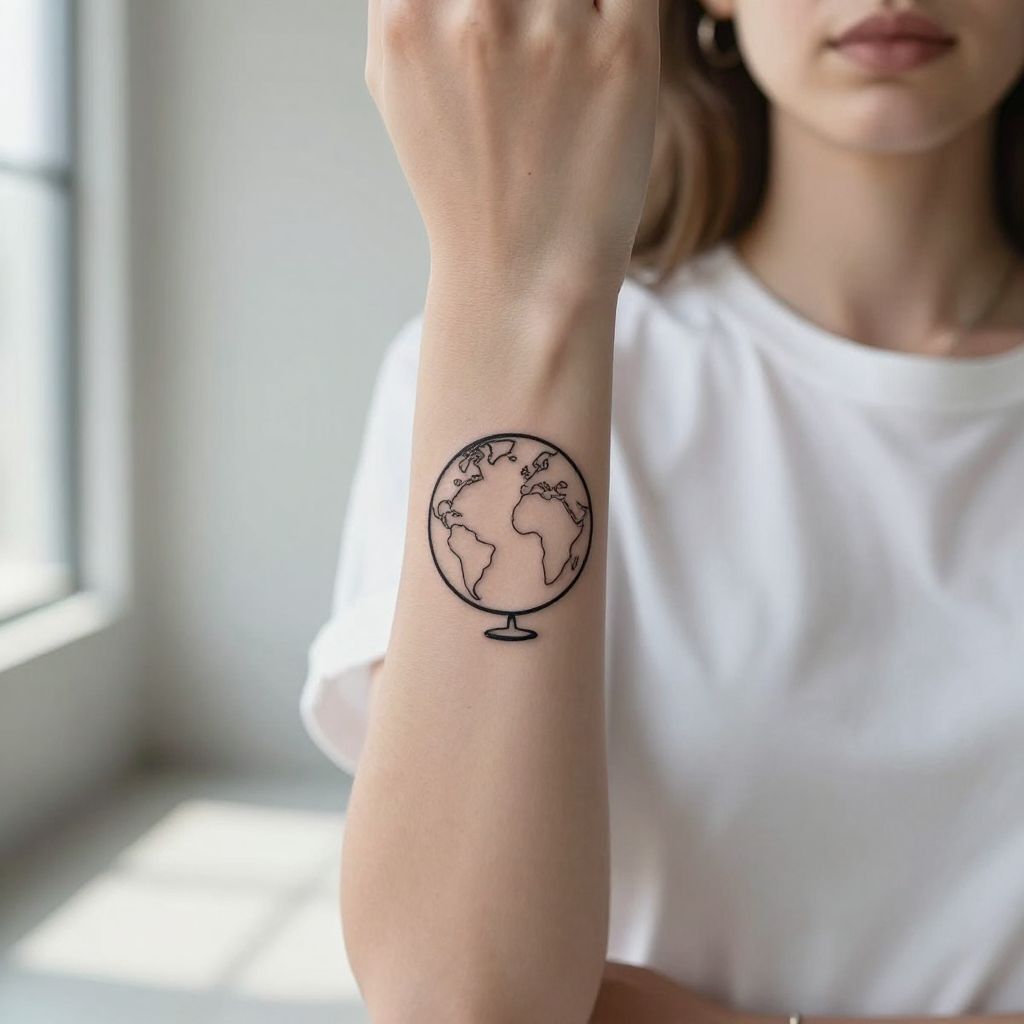 Minimalist Globe Line Art Tattoo