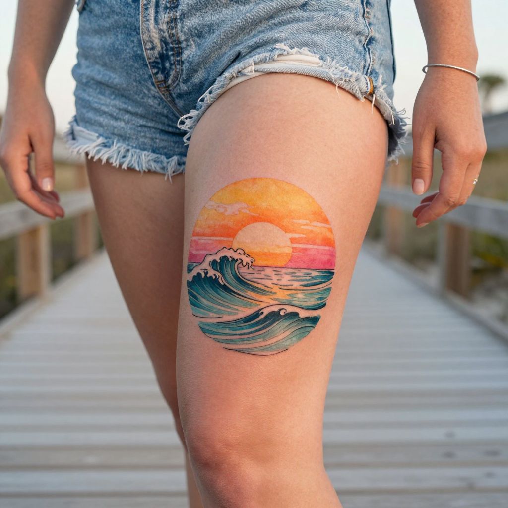 Ocean Wave with Sunset Tattoo