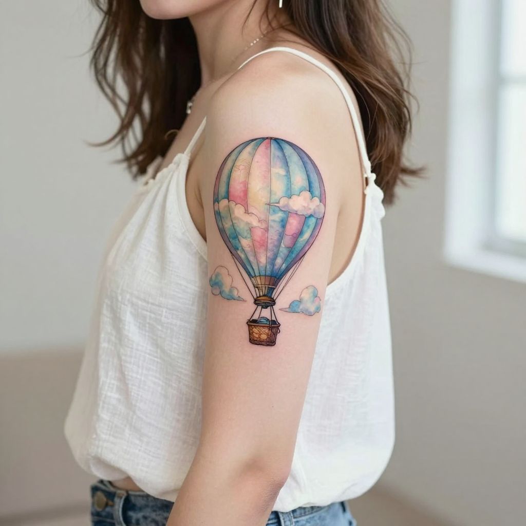 Hot Air Balloon with Clouds Tattoo