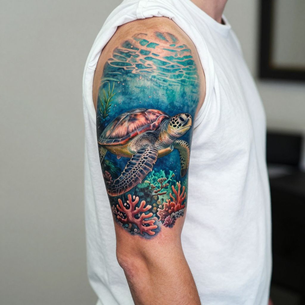 Half Sleeve Turtle and Coral Reef