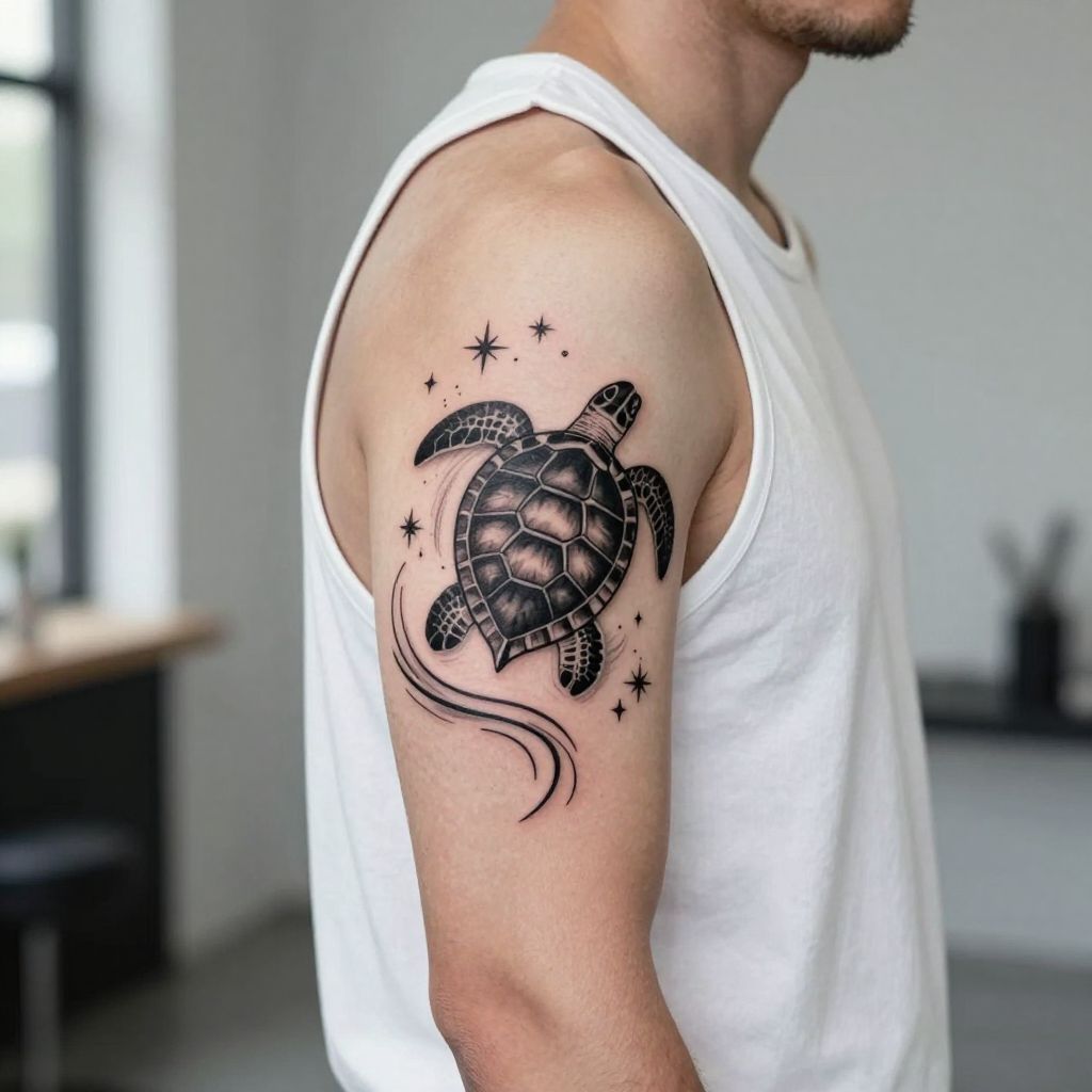 Stylized Turtle with Waves and Stars