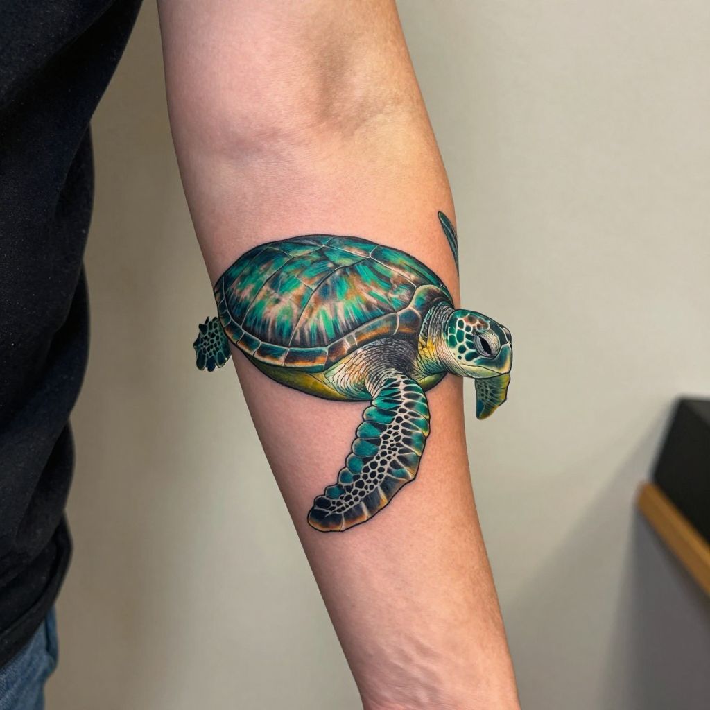 Realistic Sea Turtle on the Forearm