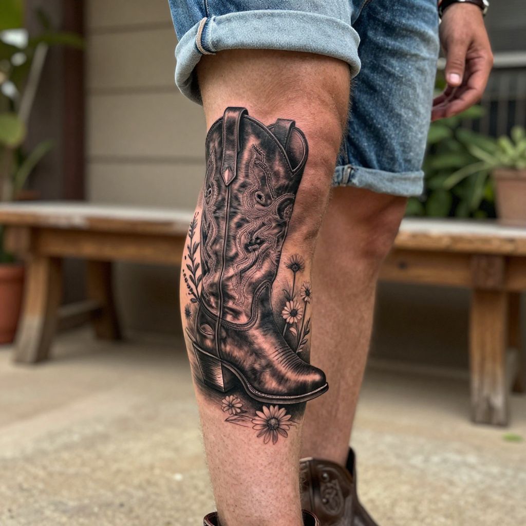 Cowboy Boot with Spurred Heel and Wildflowers