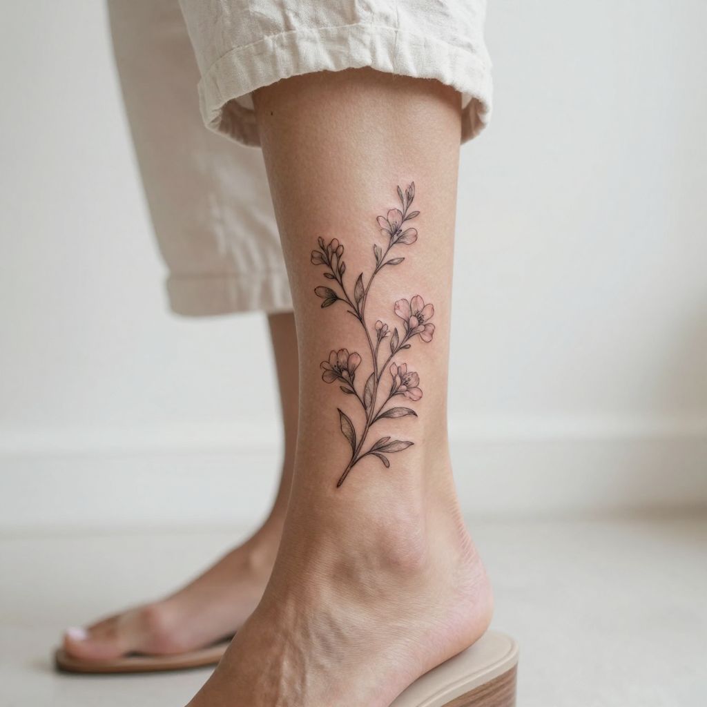 Delicate Floral Vine Ankle Tattoo