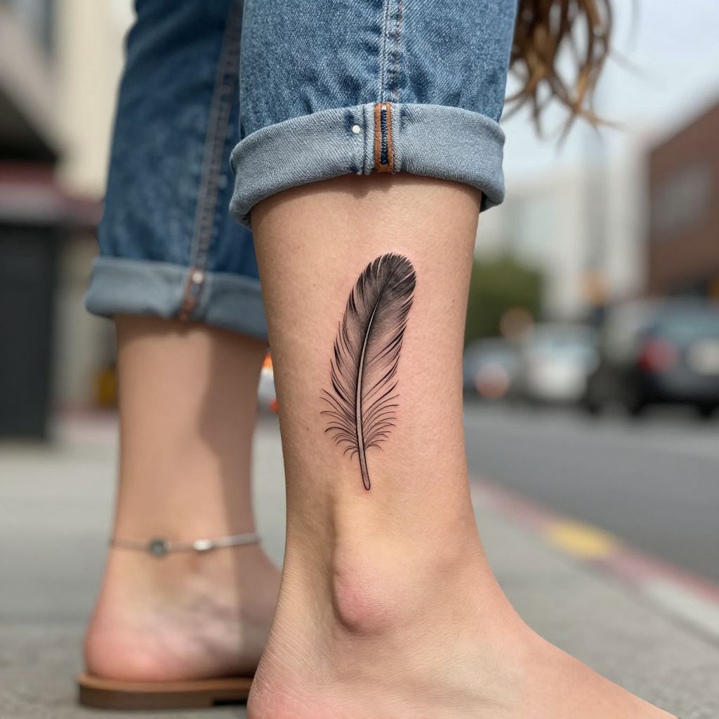Feather Outline Ankle Tattoo