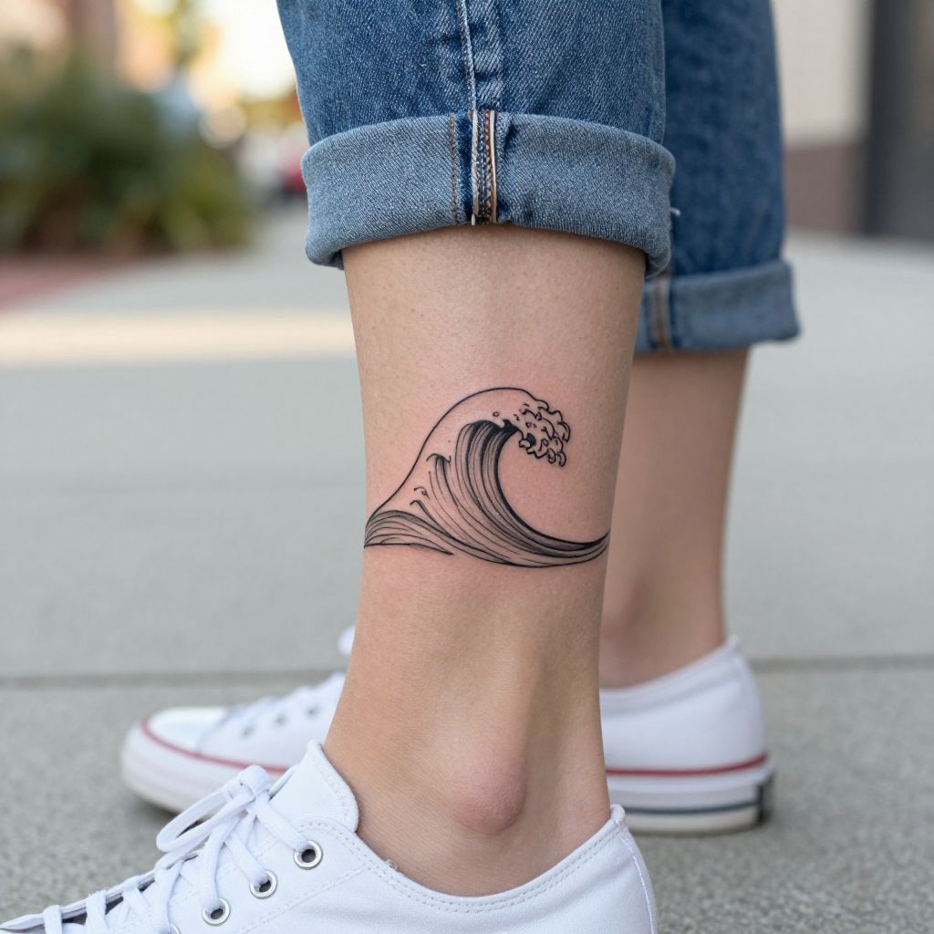 Minimalist Wave Ankle Tattoo