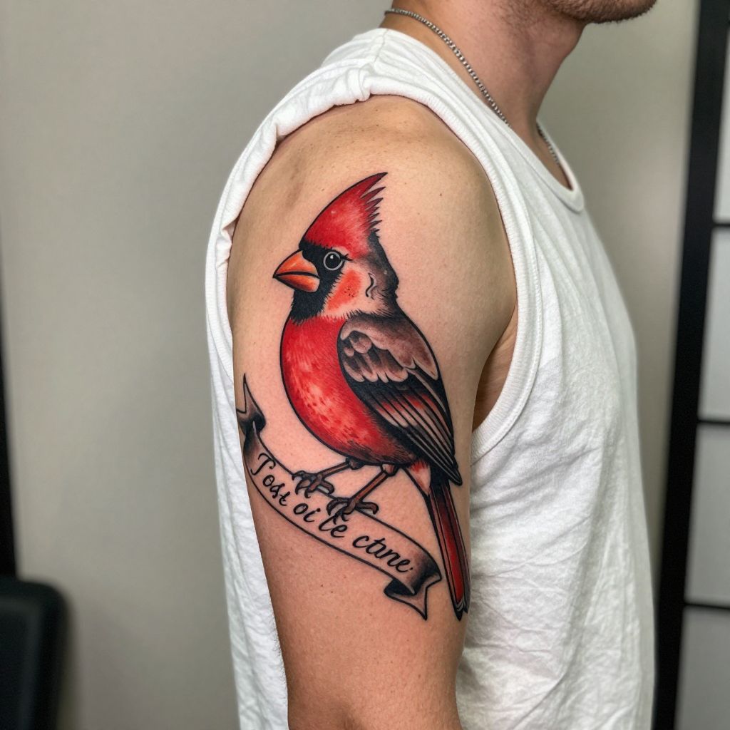 Cardinal with Script Banner on Upper Arm