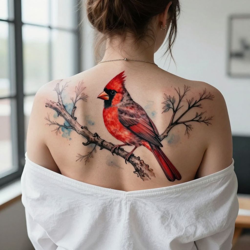 Cardinal and Tree Branch Watercolor on Back