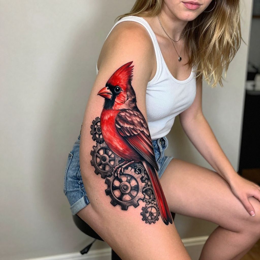 Cardinal with Cogwheels to Suggest Time on Thigh