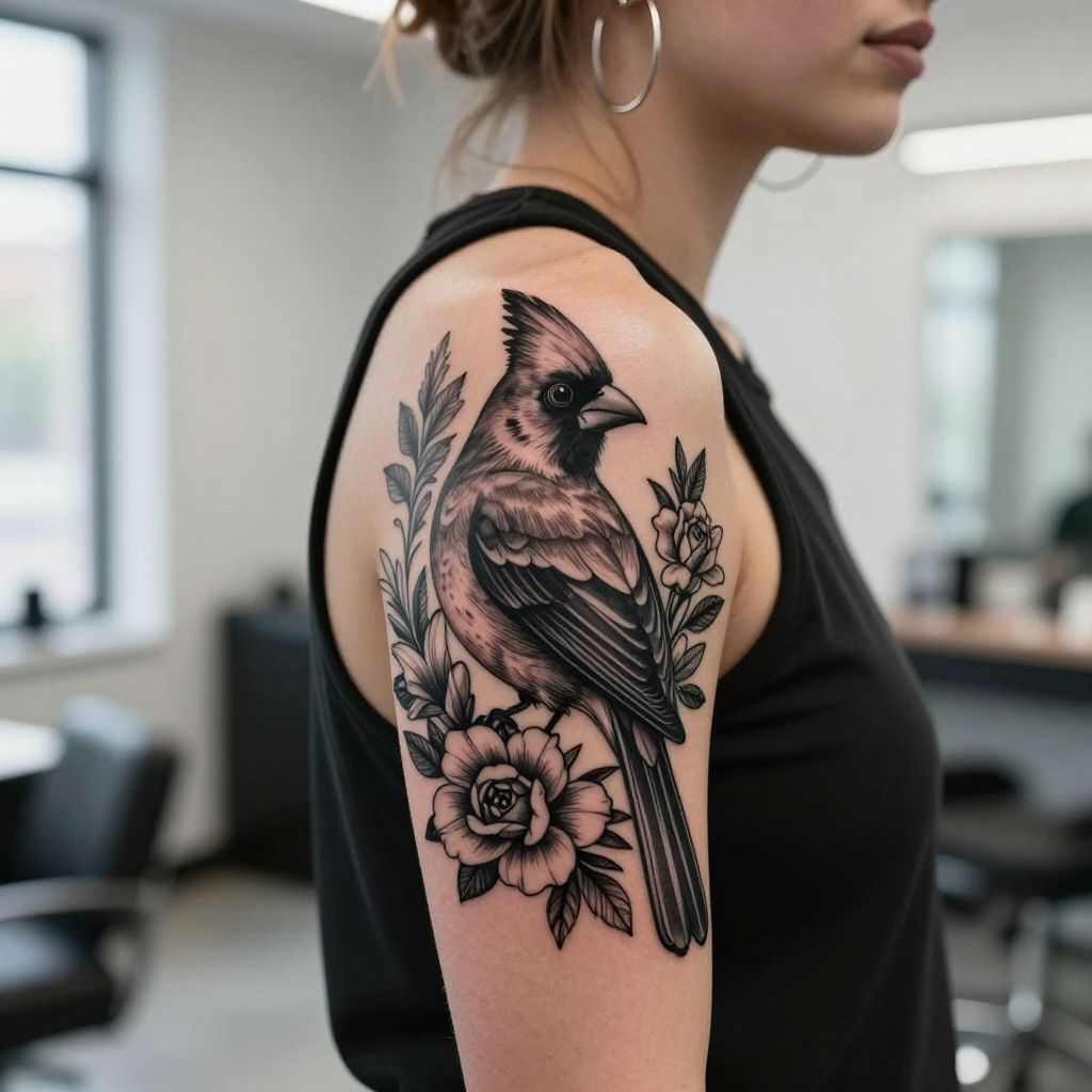 Blackwork Cardinal with Floral Accents