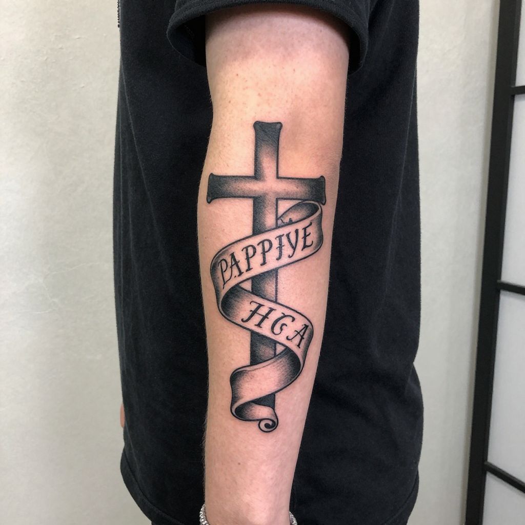 Cross with Scroll Banner tattoo
