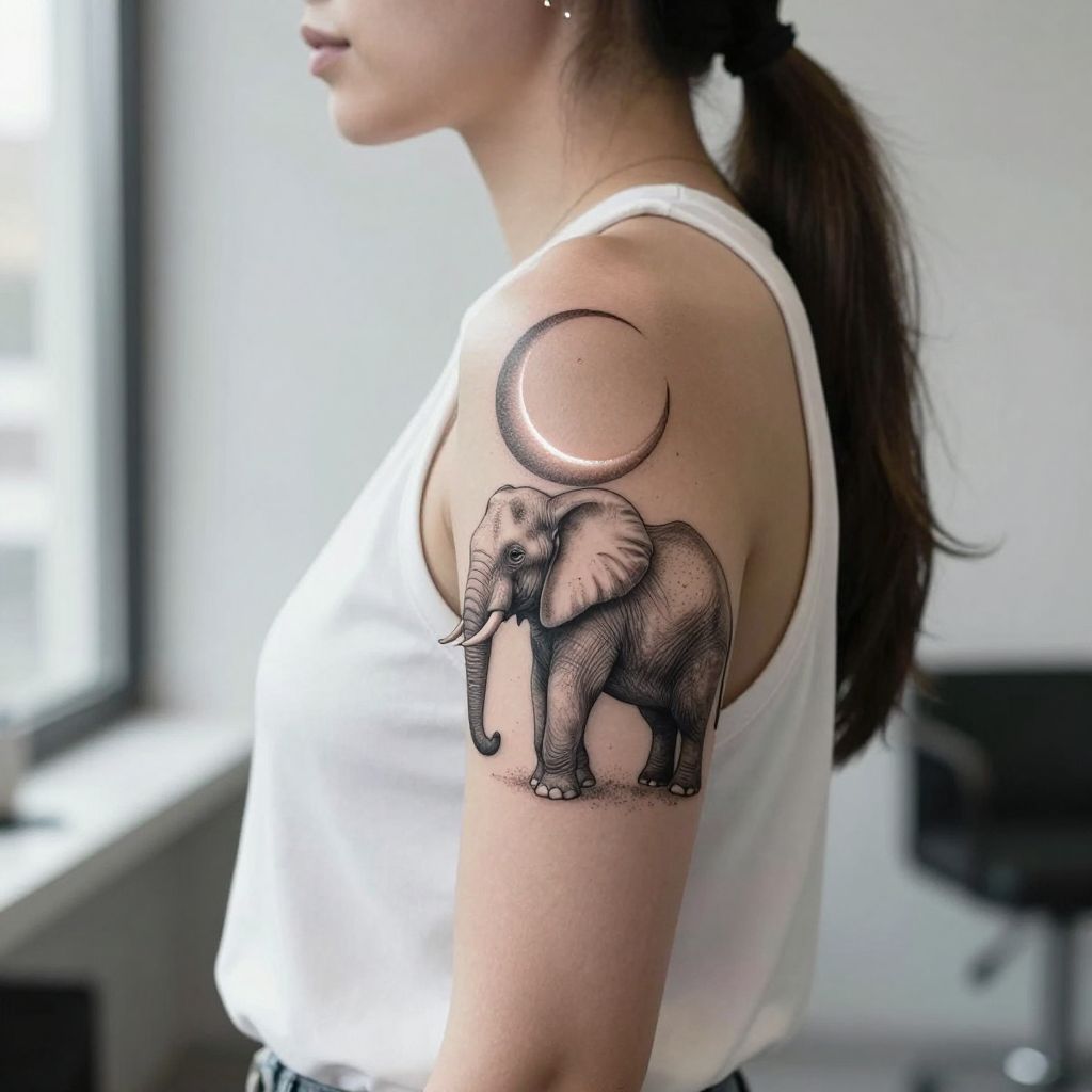 Elephant and Moon Tattoo
