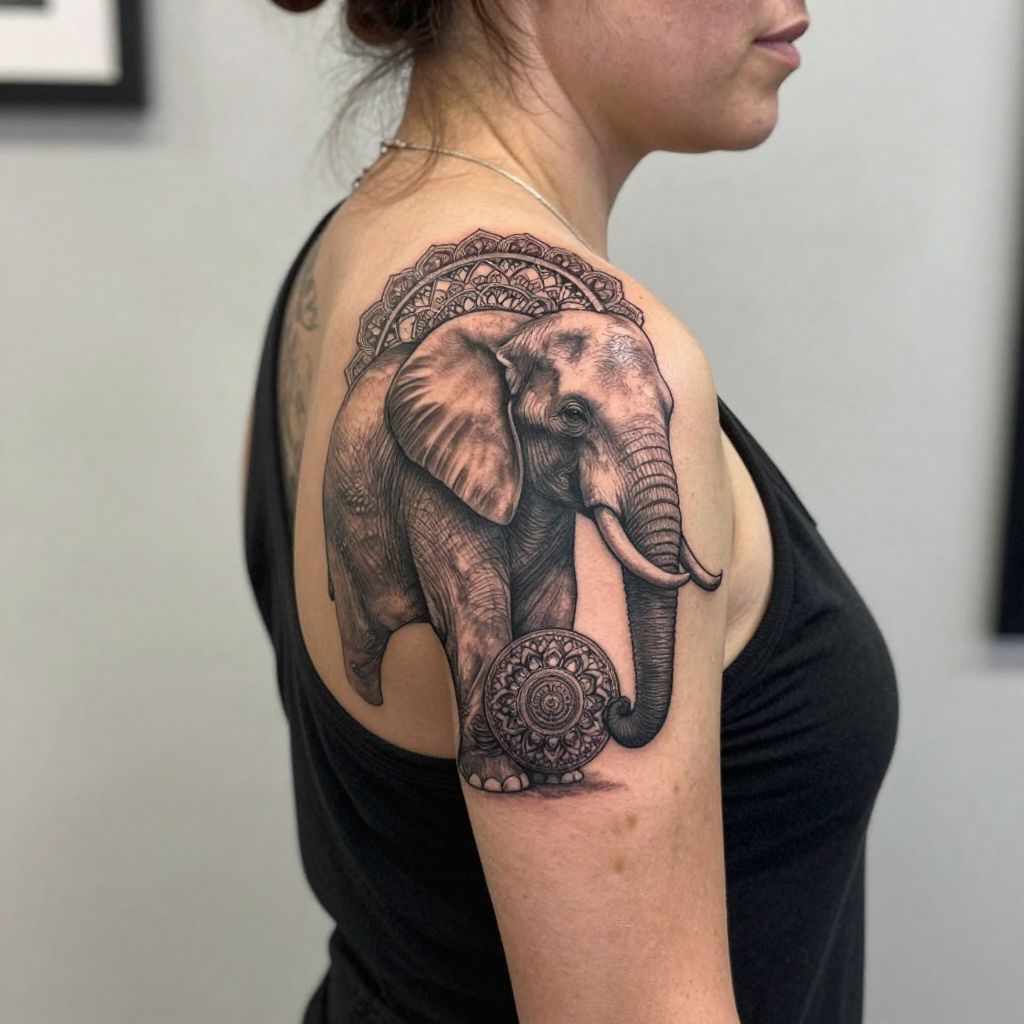 Elephant Holding Mandala Ball Tattoo