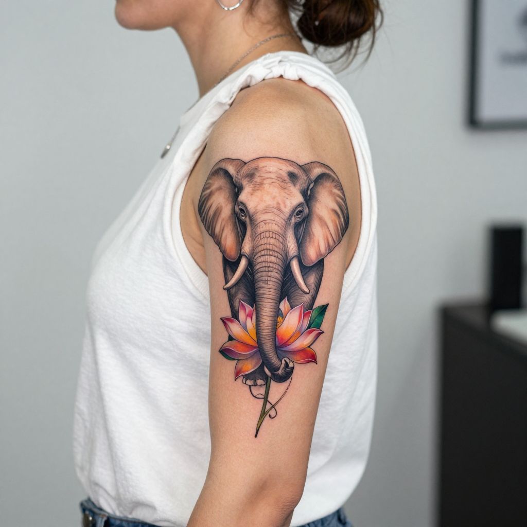 Elephant with Lotus Flower Tattoo