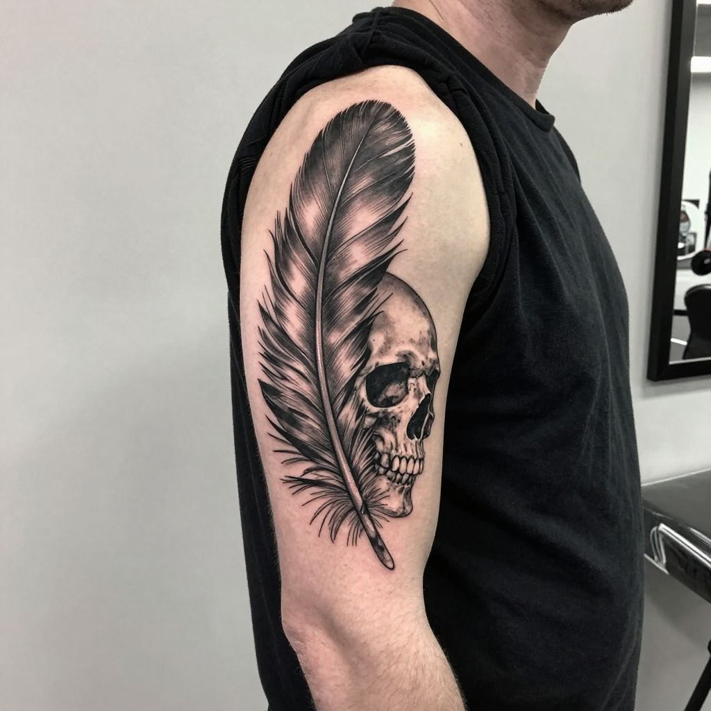 Feather with Skull Accent