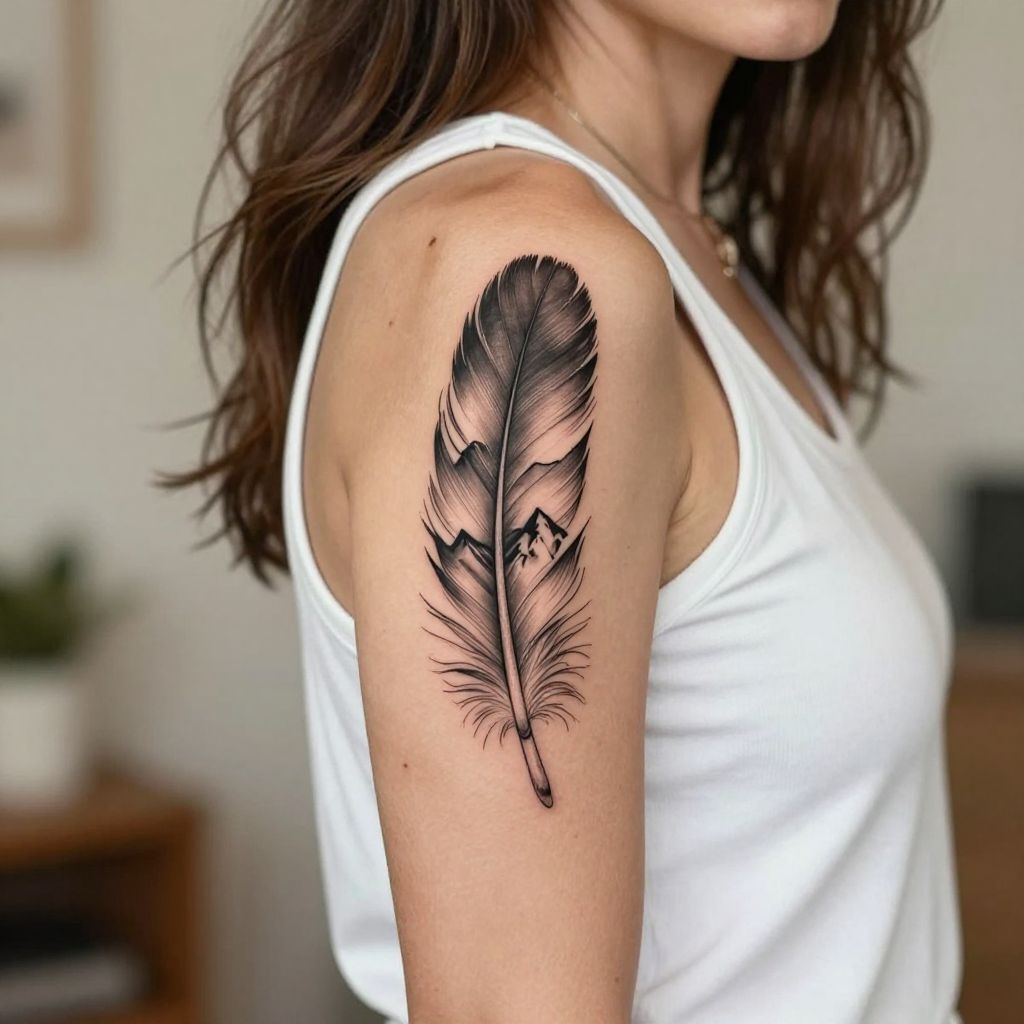 Feather with Mountain Silhouette