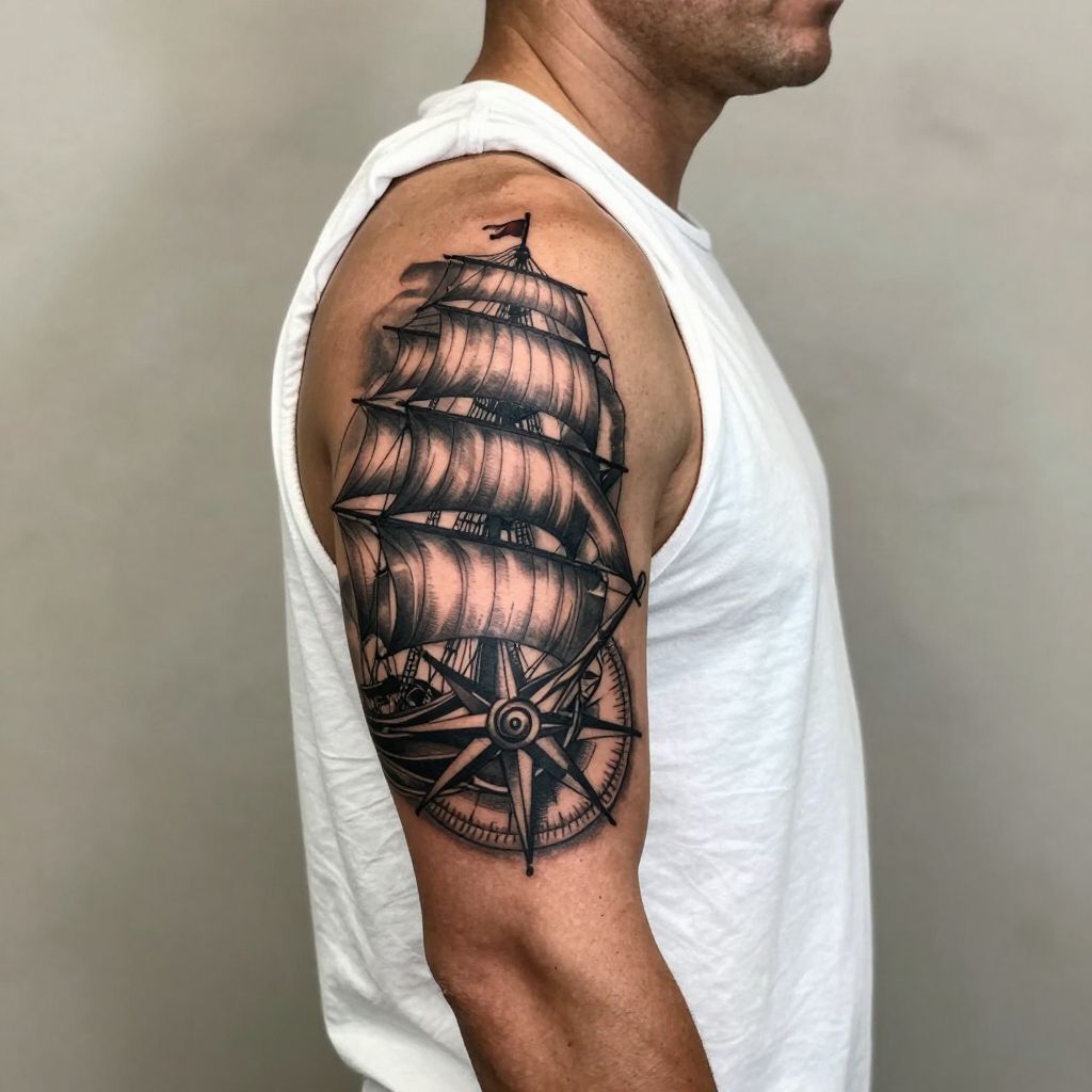 Nautical Compass and Ship