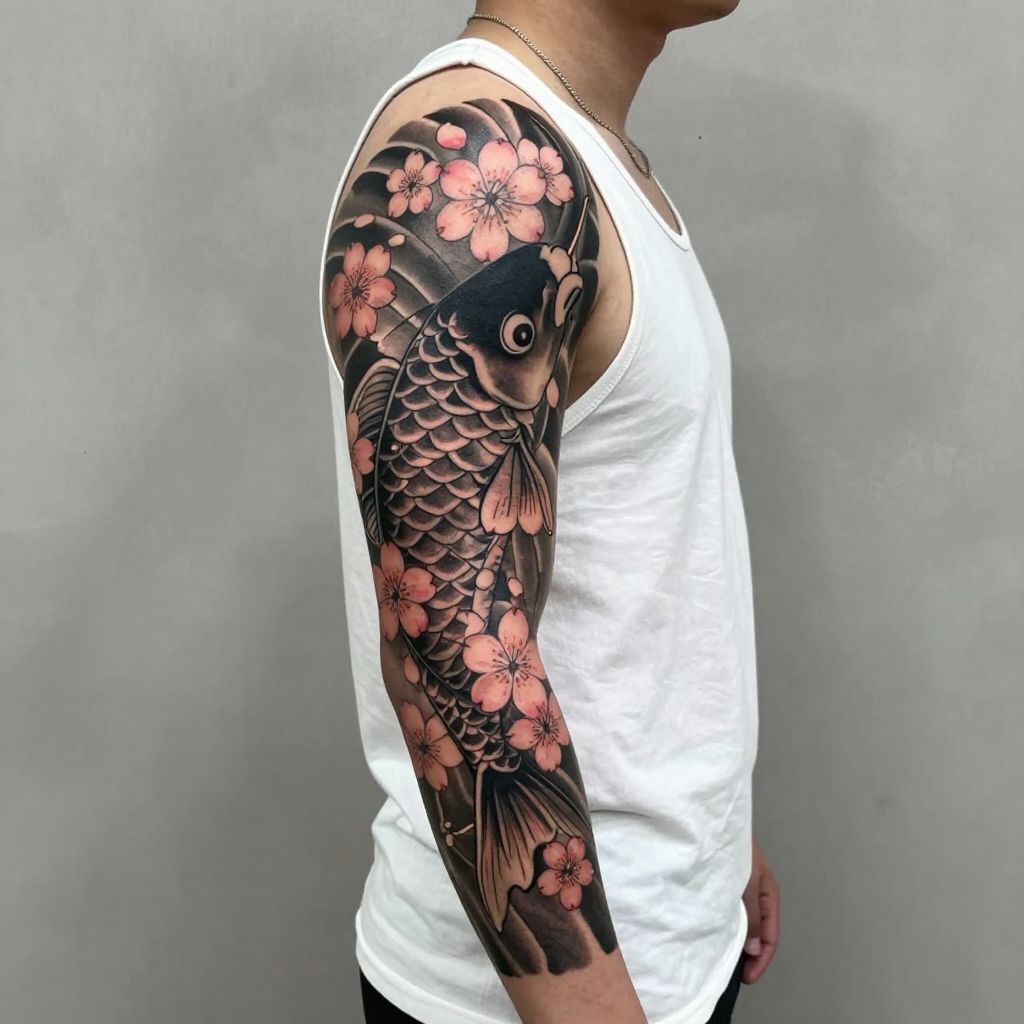 Japanese Koi and Cherry Blossoms