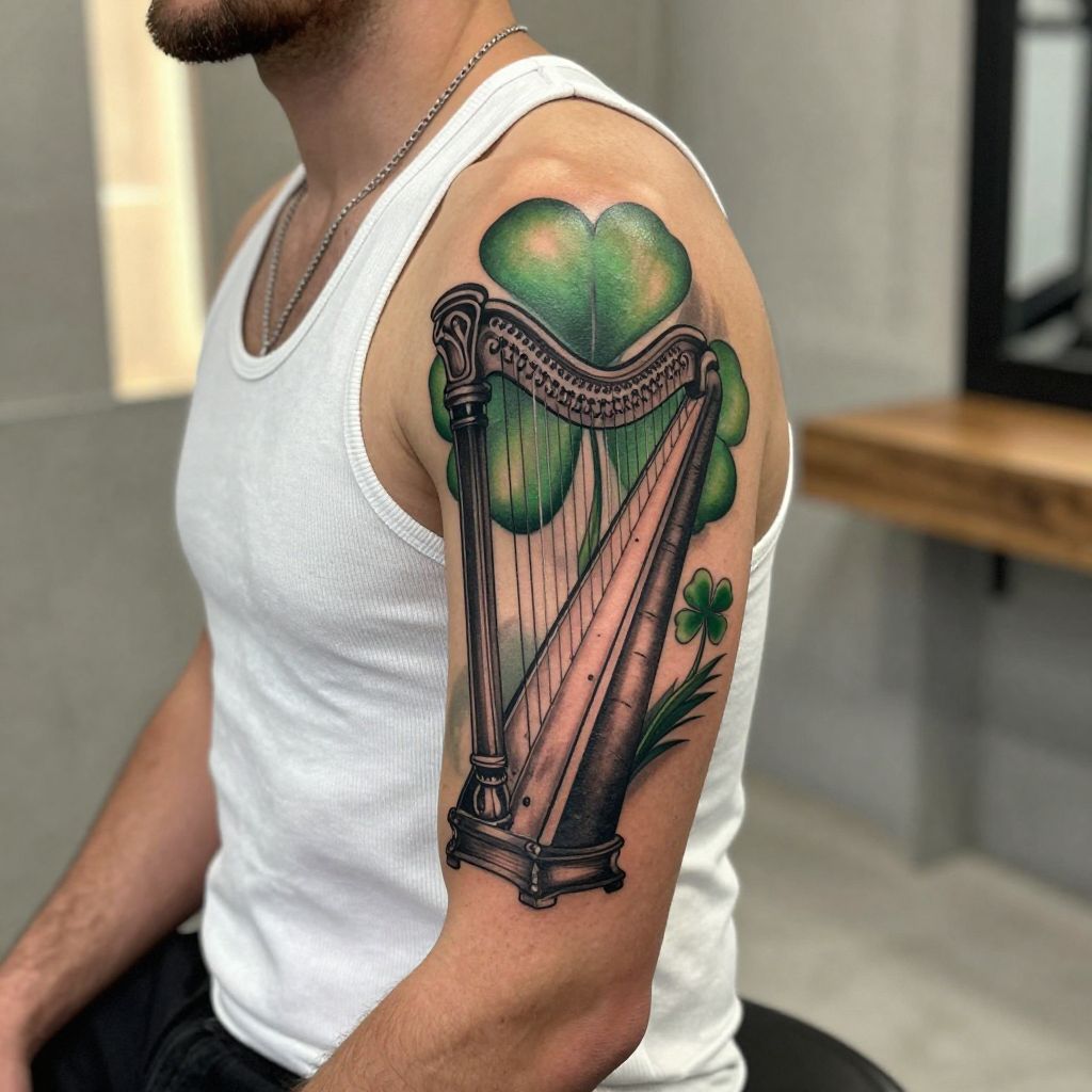 Irish Harp with Shamrock Background