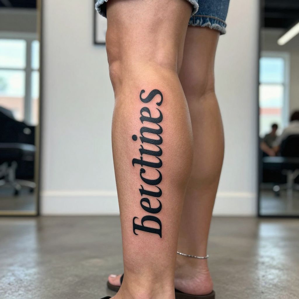 Bold Script Name or Date Tattoo on the Calf