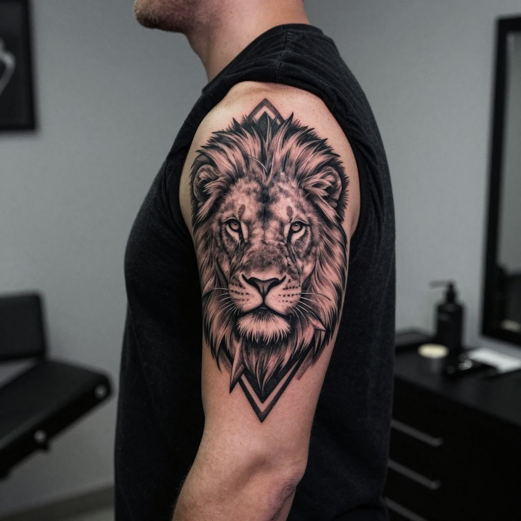 Classic Lion Portrait with Geometric Accents