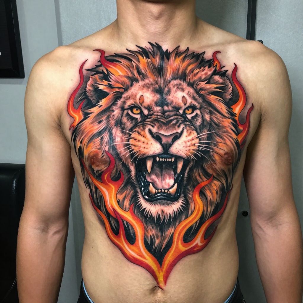 Roaring Lion’s Head with Flames