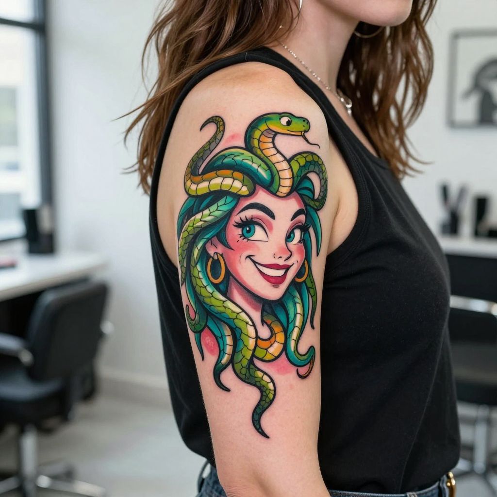 Cartoon Style Medusa with Playful Snakes