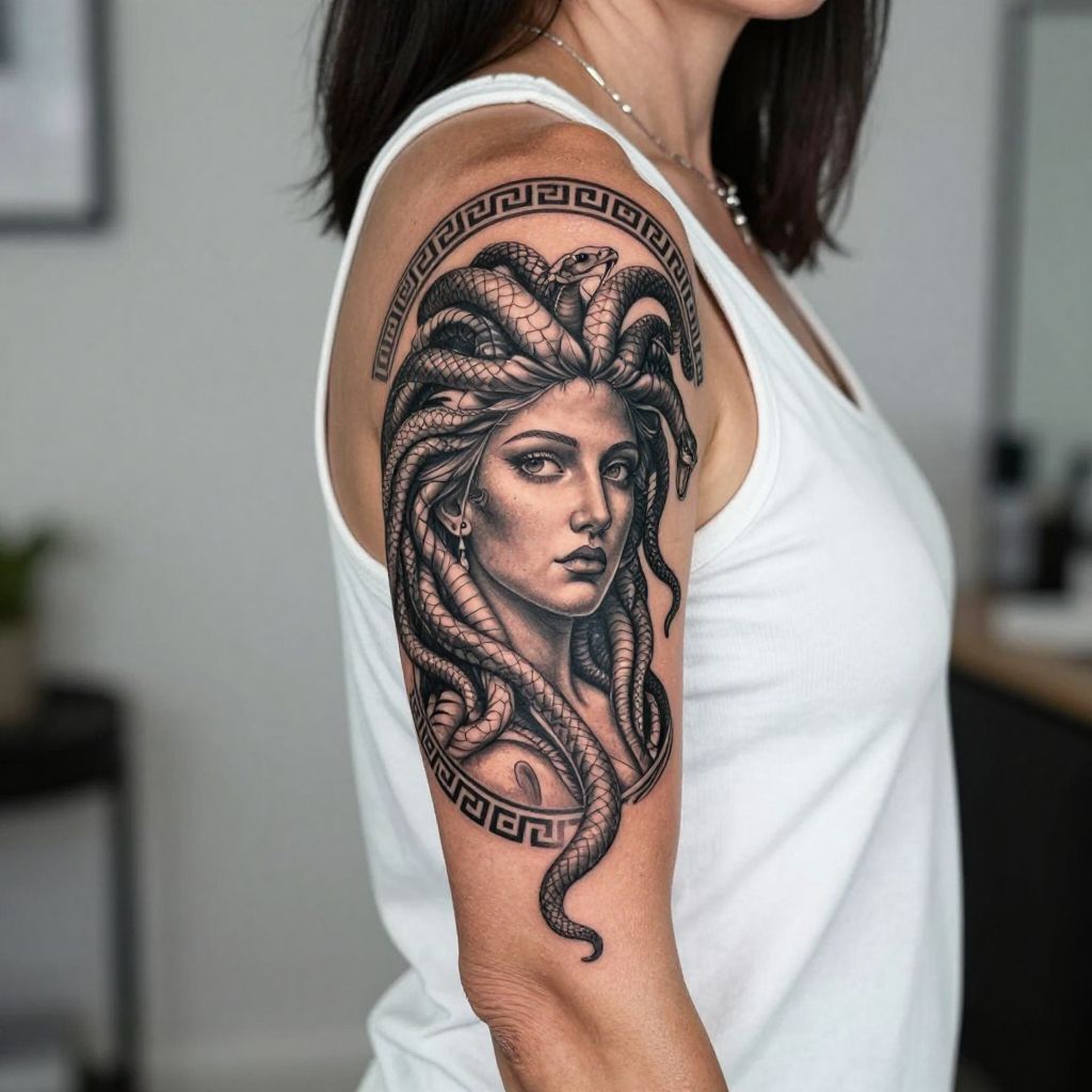 Medusa Surrounded by Ancient Greek Patterns