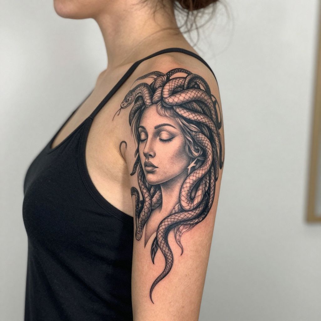 Medusa with Eyes Closed in Zen Style