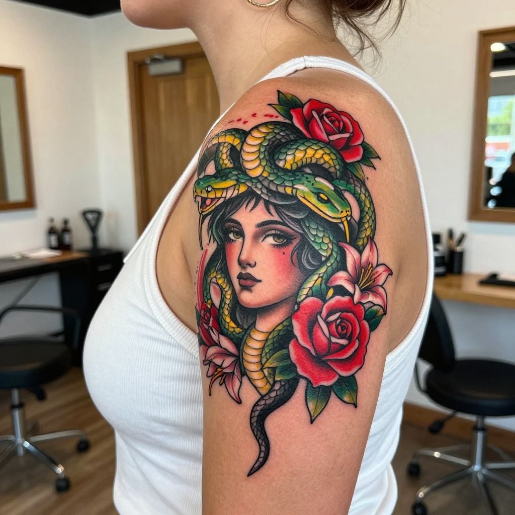 Neo-Traditional Medusa with Floral Elements
