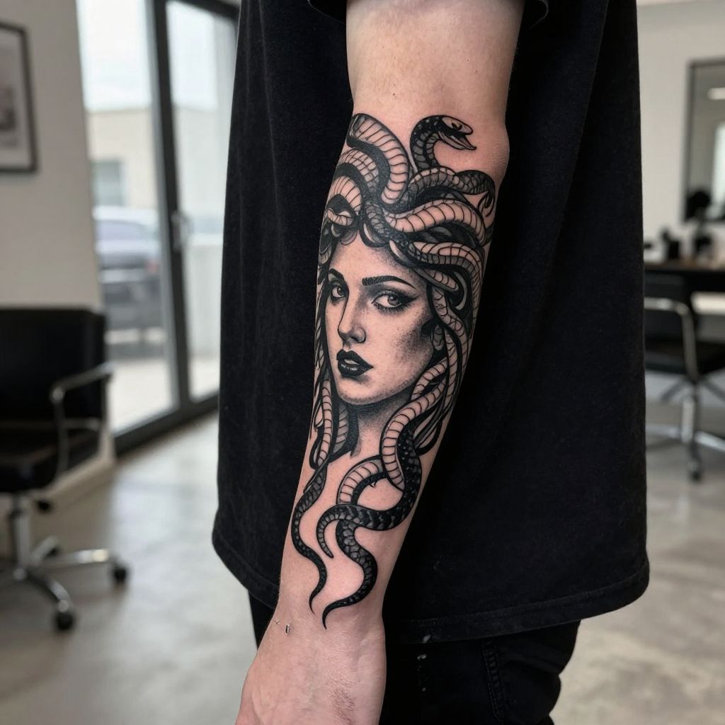 Blackwork Medusa with Bold Shadows