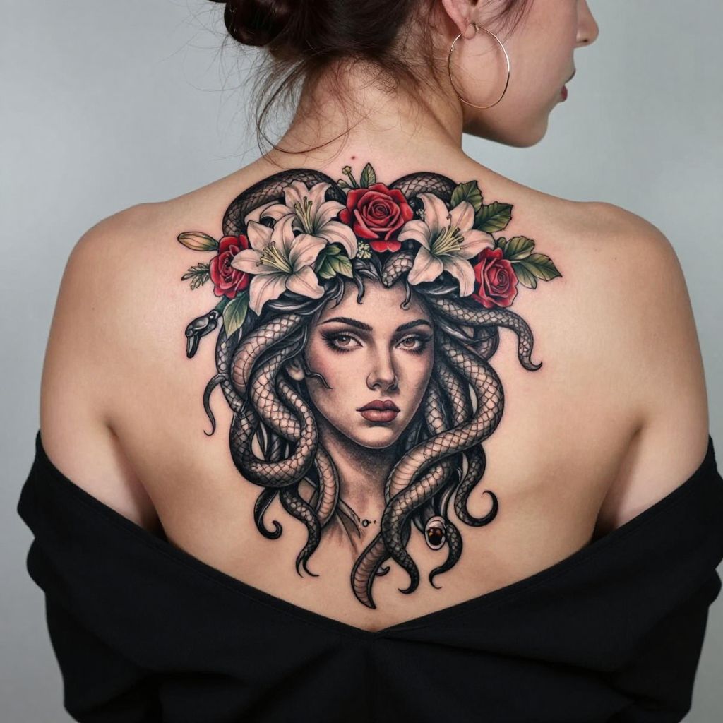 Medusa Portrait with Floral Crown