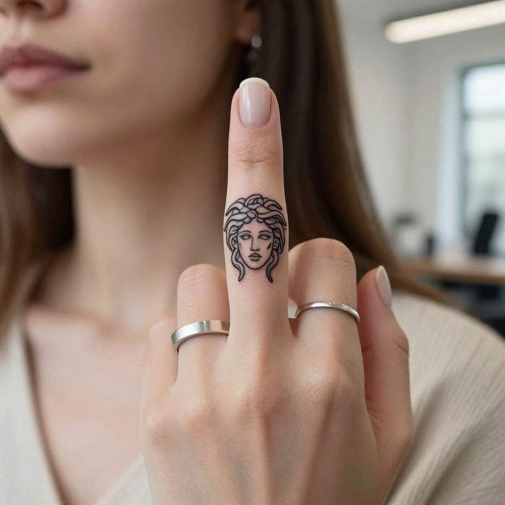Tiny Medusa Head on Finger