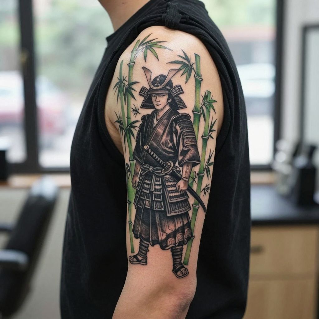 Samurai with Katana and Bamboo Forest