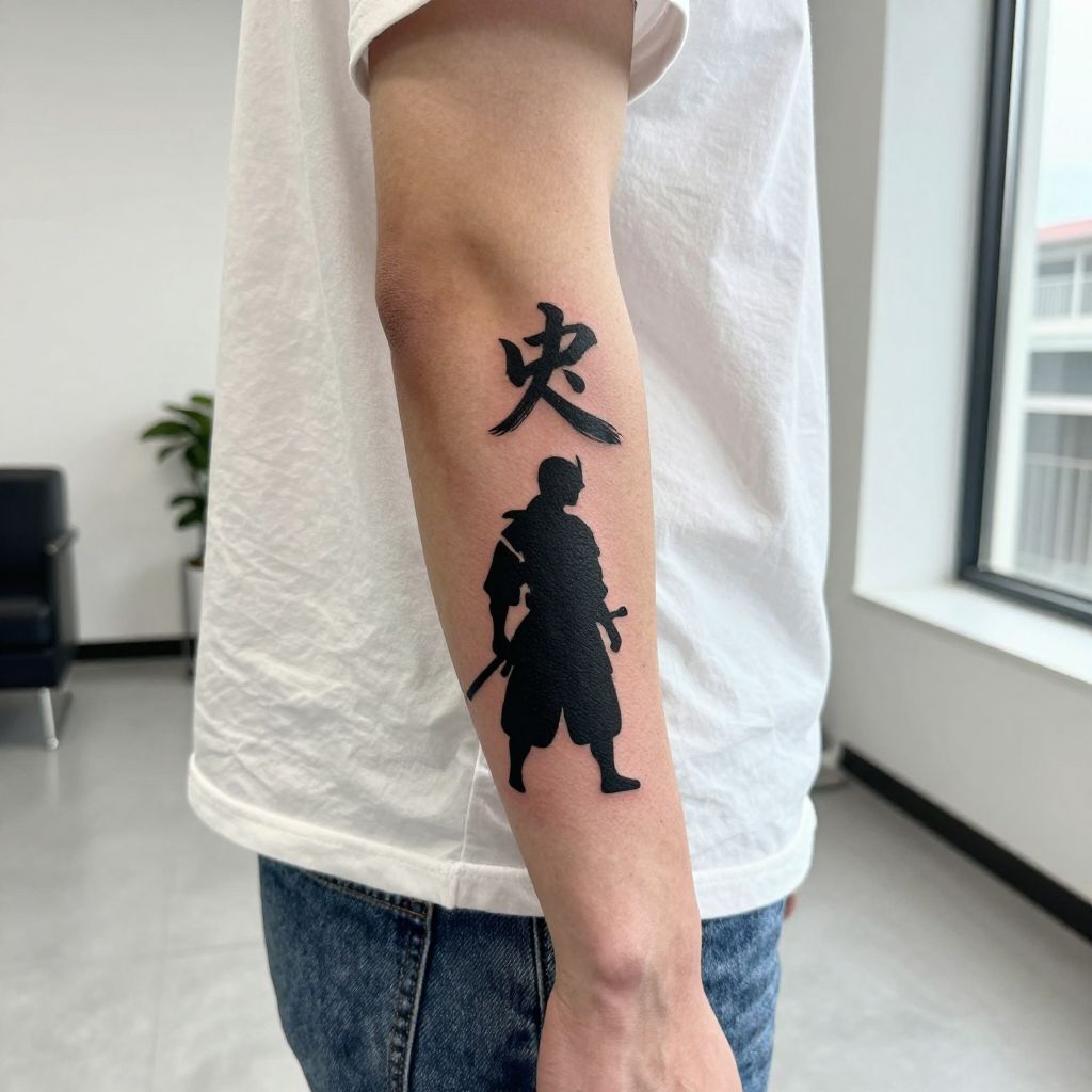 Warrior’s Kanji Script with Samurai Silhouette