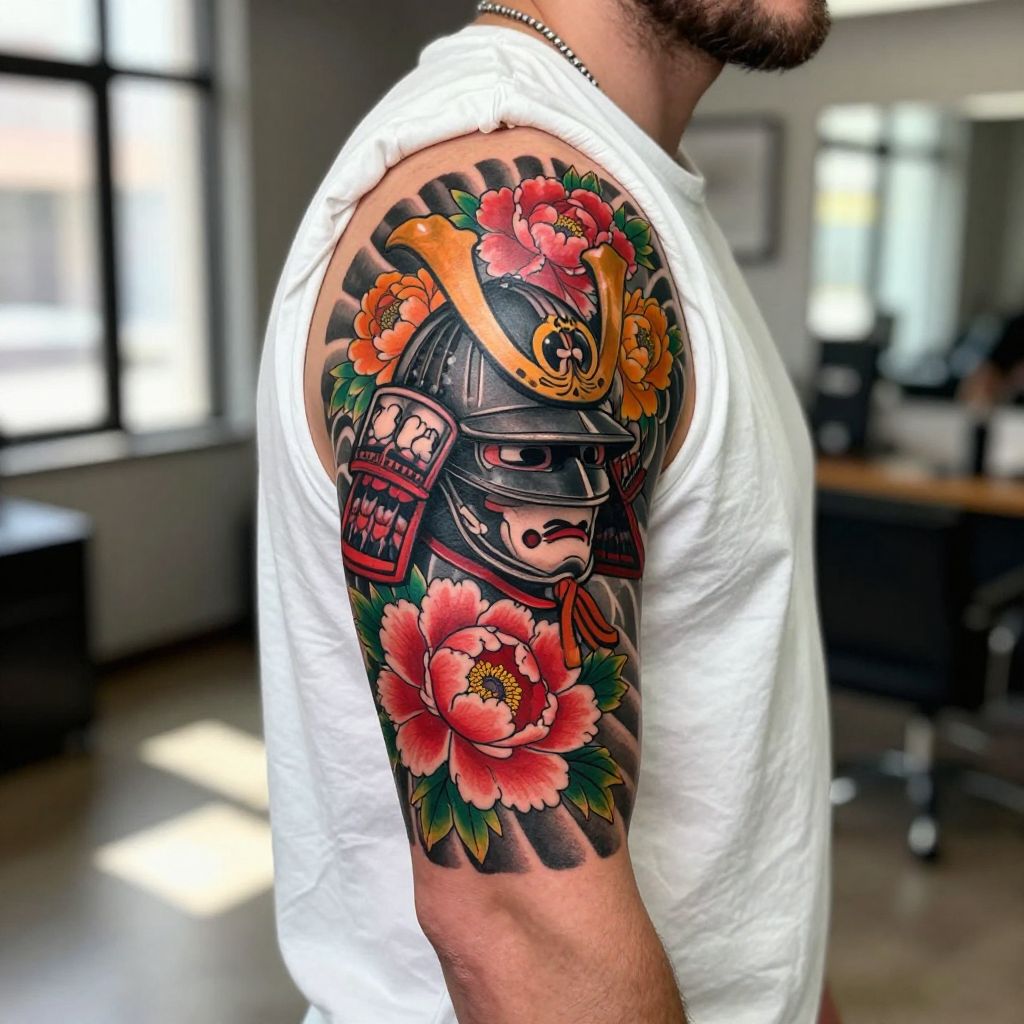 Samurai Helmet with Floral Accents