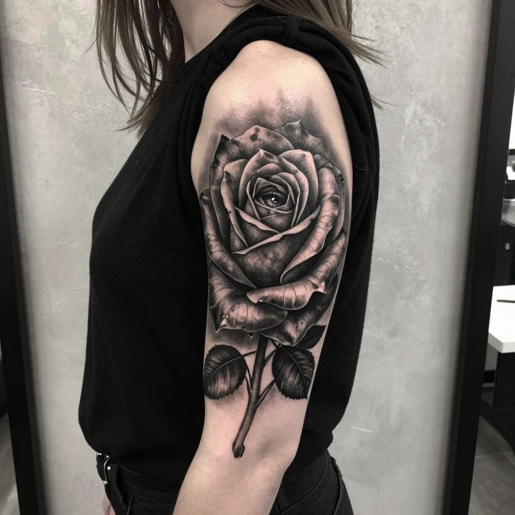 Black Rose with Veiled Eyes Tattoo
