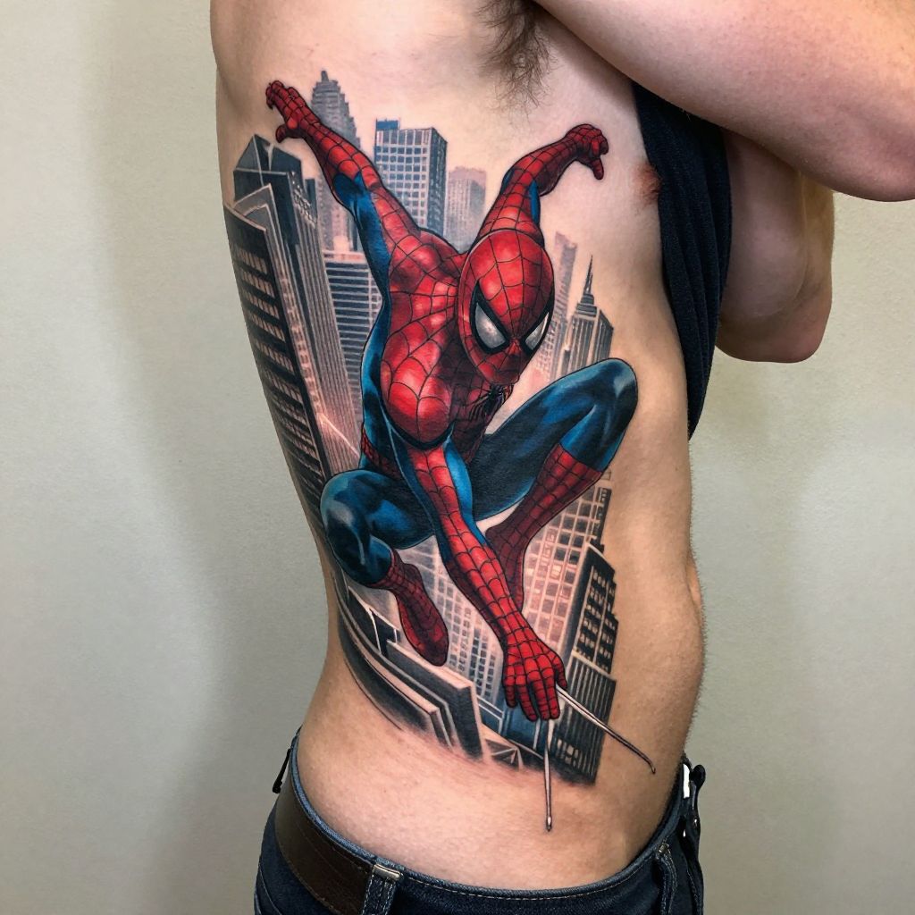 Spiderman Swinging from a Cityscape