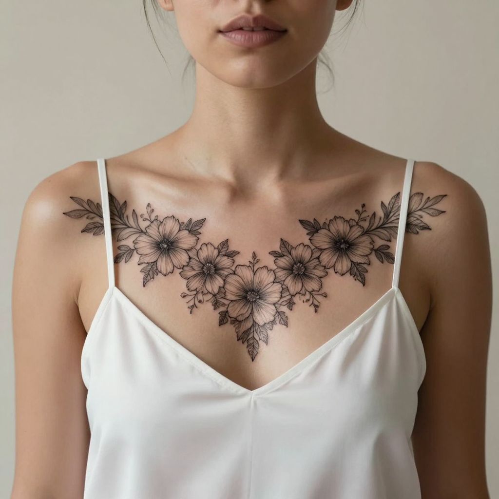 Delicate Floral Lace sternum tattoo