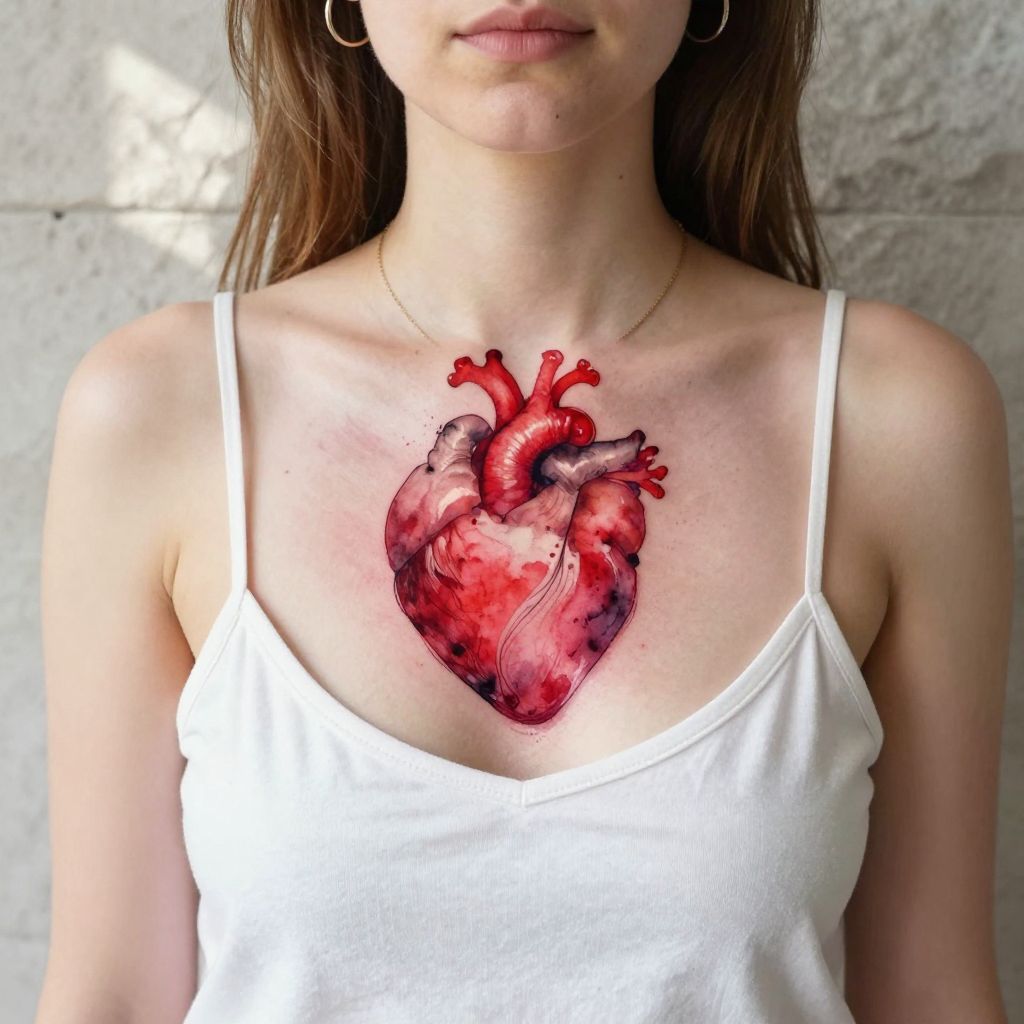 Watercolor Heart sternum tattoo
