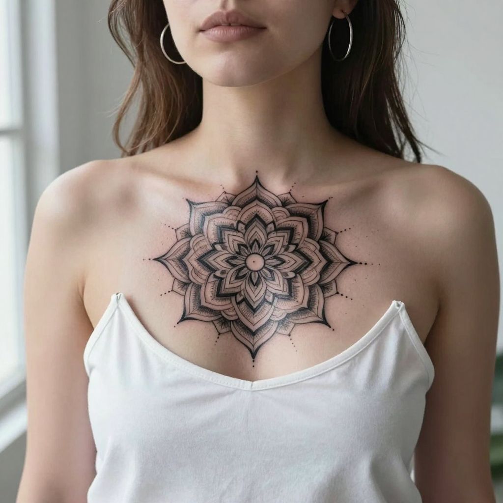 Geometric Mandala sternum tattoo