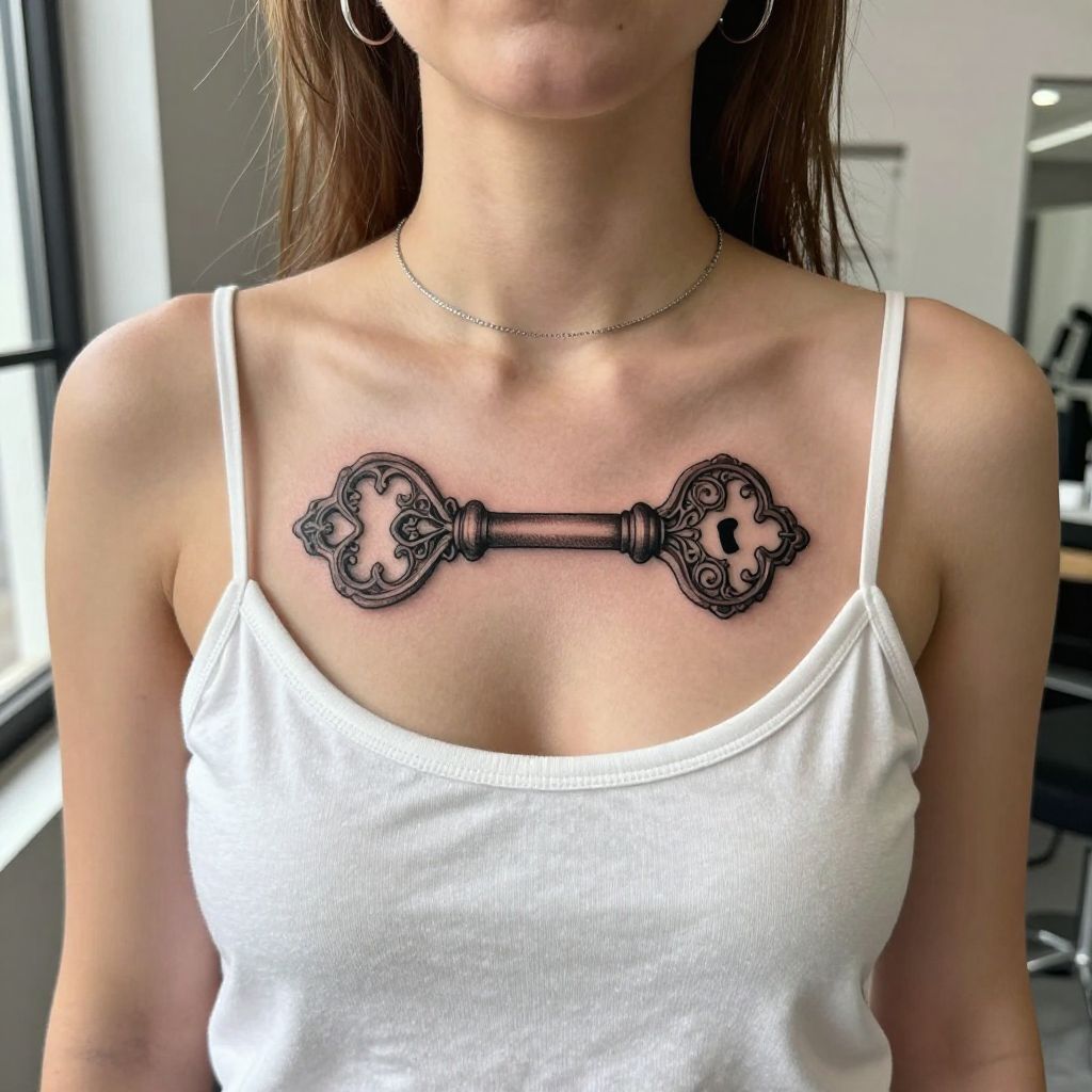 Ornate Key and Lock sternum tattoo