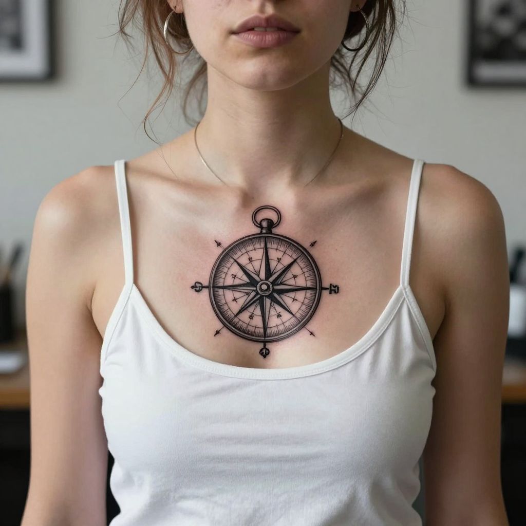 Vintage Compass sternum tattoo