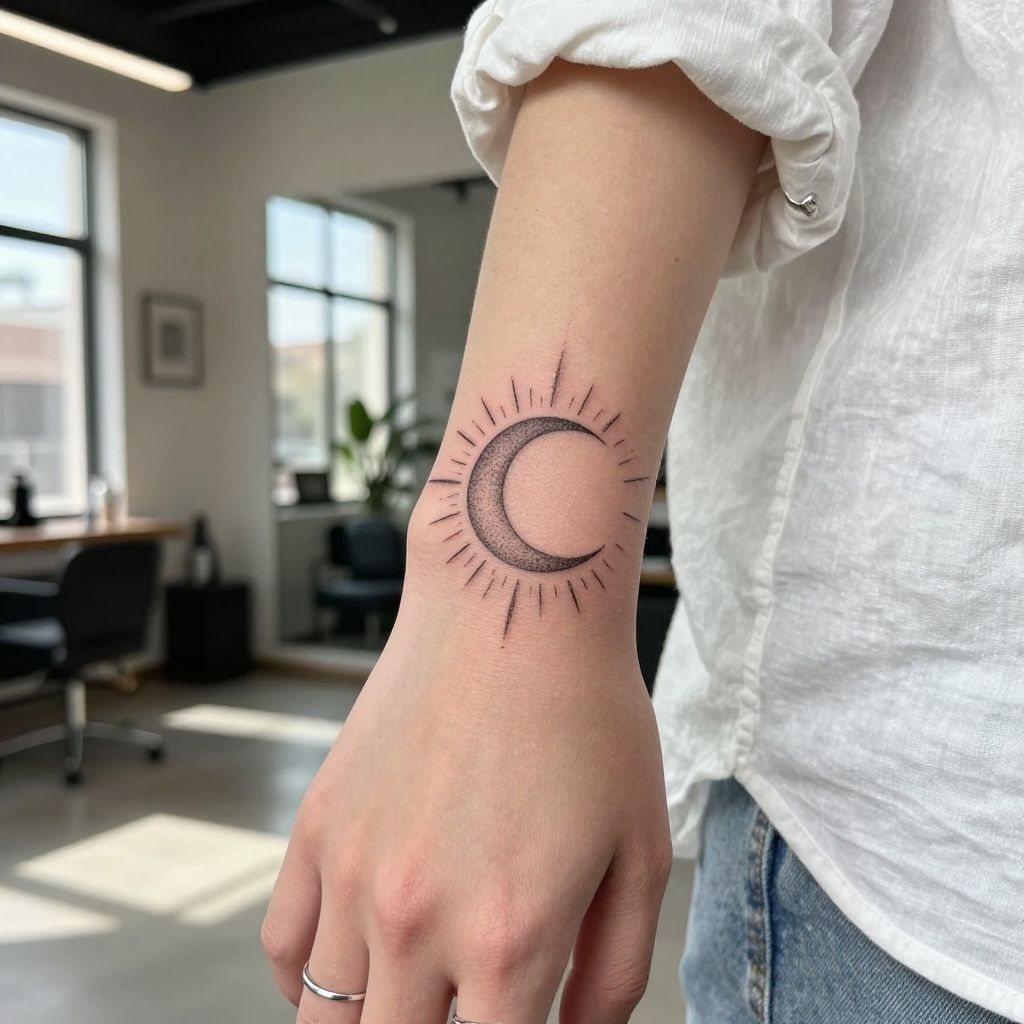 Crescent with Dots and Lines
