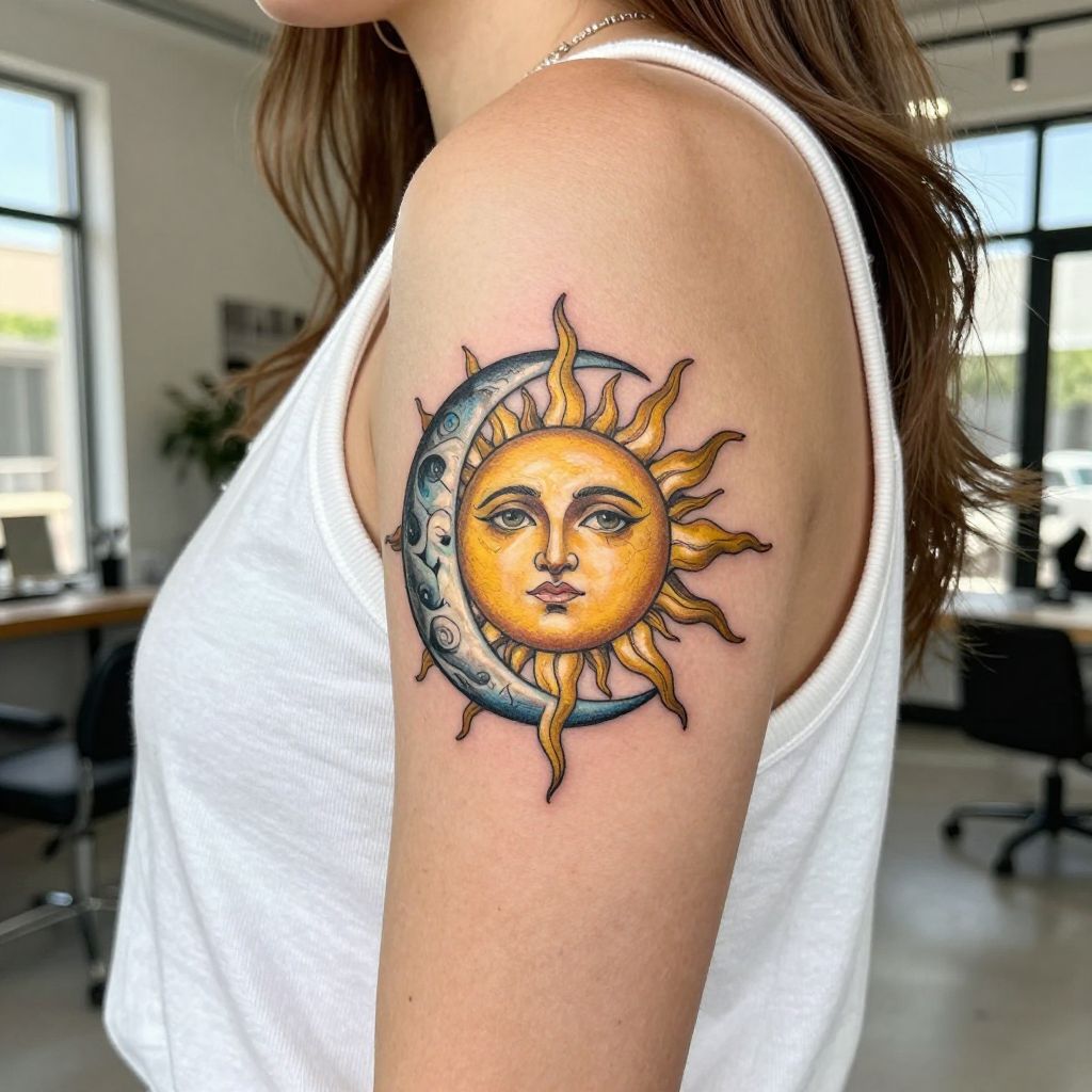 Celestial Sun and Moon Tattoo