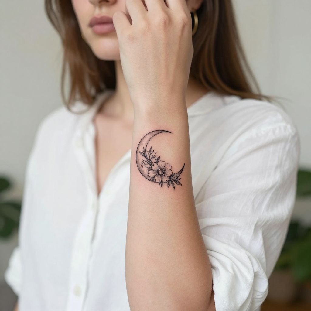 Crescent Moon with Flowers Tattoo